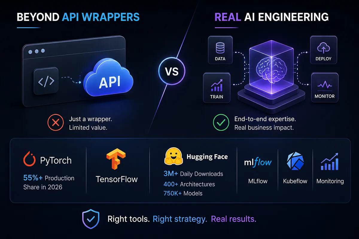 AI engineering vs API wrappers infographic.