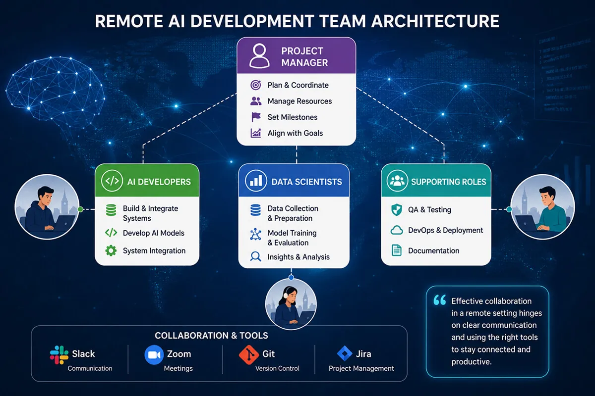 Remote AI development team structure: a project manager coordinating AI developers, data scientists and supporting roles across Slack, Zoom, Git and Jira