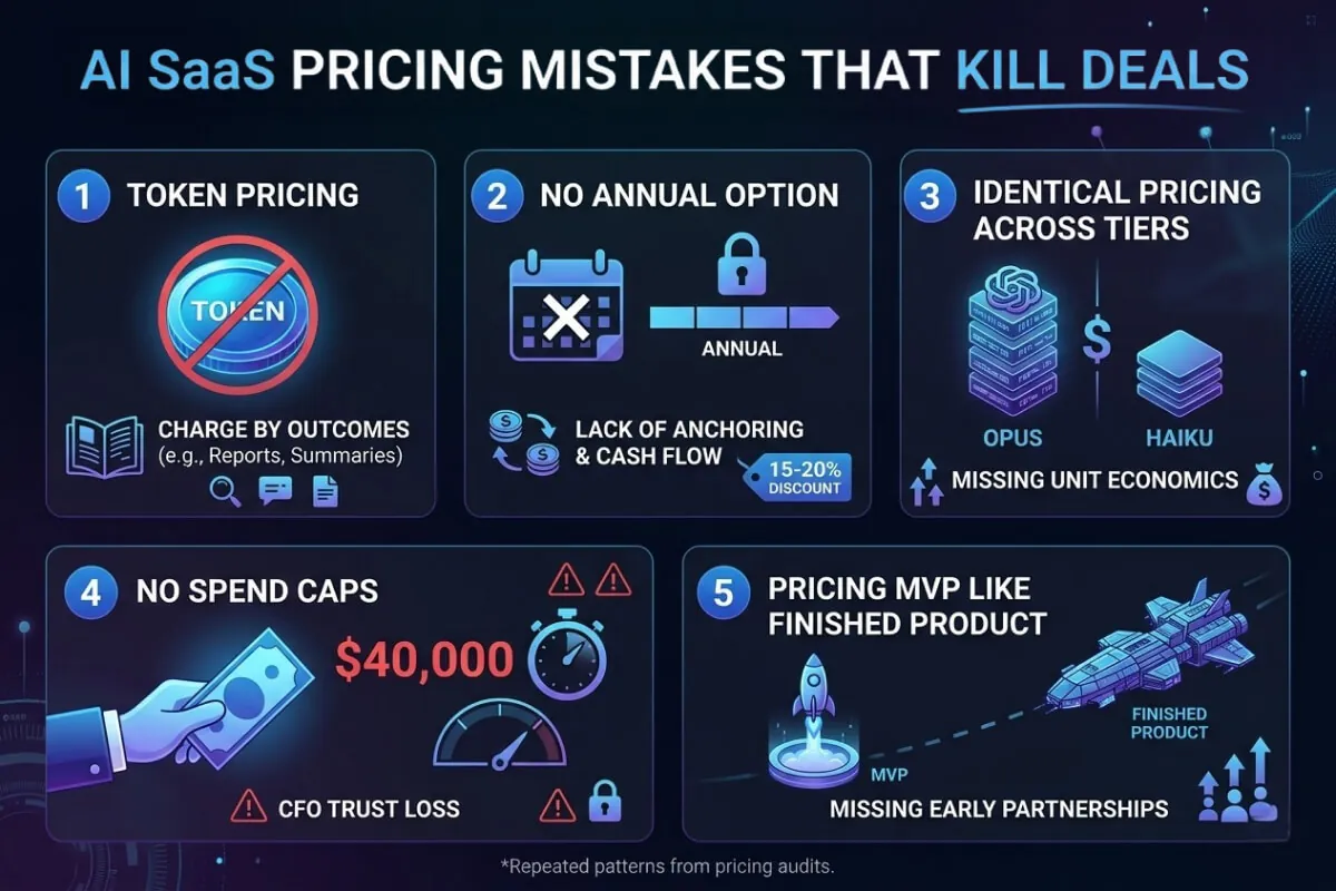 Five AI SaaS pricing mistakes: token pricing, no annual option, identical pricing across tiers, no spend caps, and pricing an MVP like a finished product