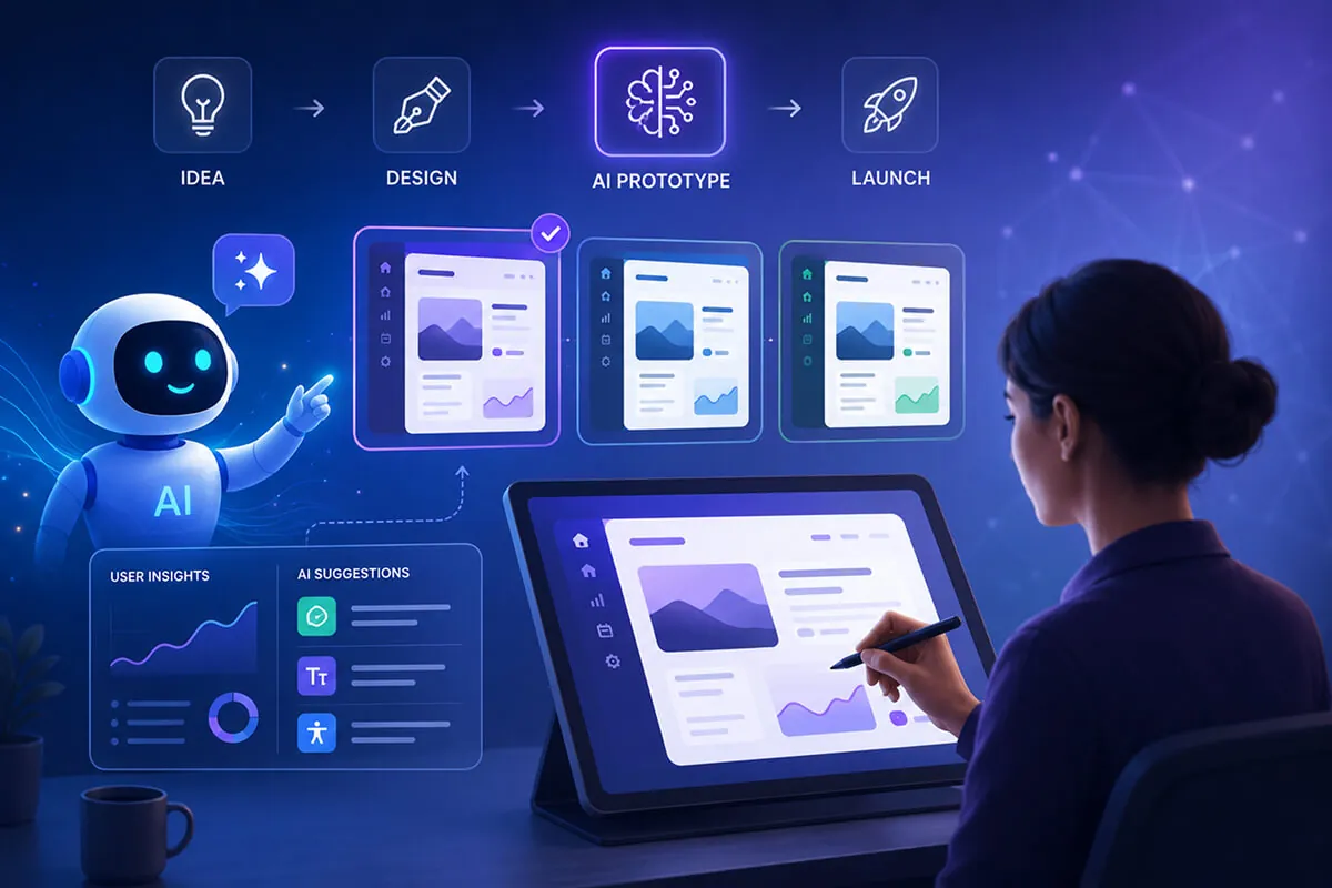 Designer sketching on a tablet while an AI assistant proposes prototype variations from idea to launch