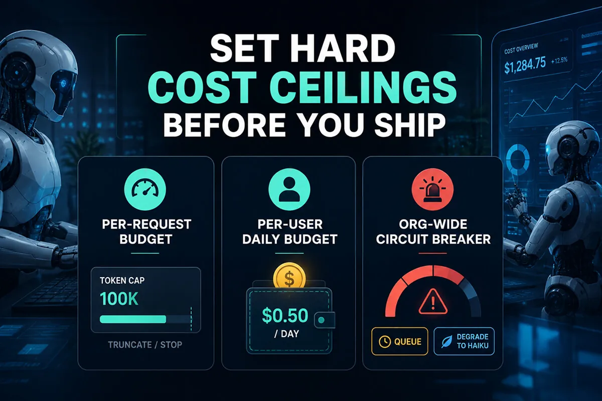 Three AI cost controls: a per-request token cap, a per-user daily budget, and an org-wide circuit breaker