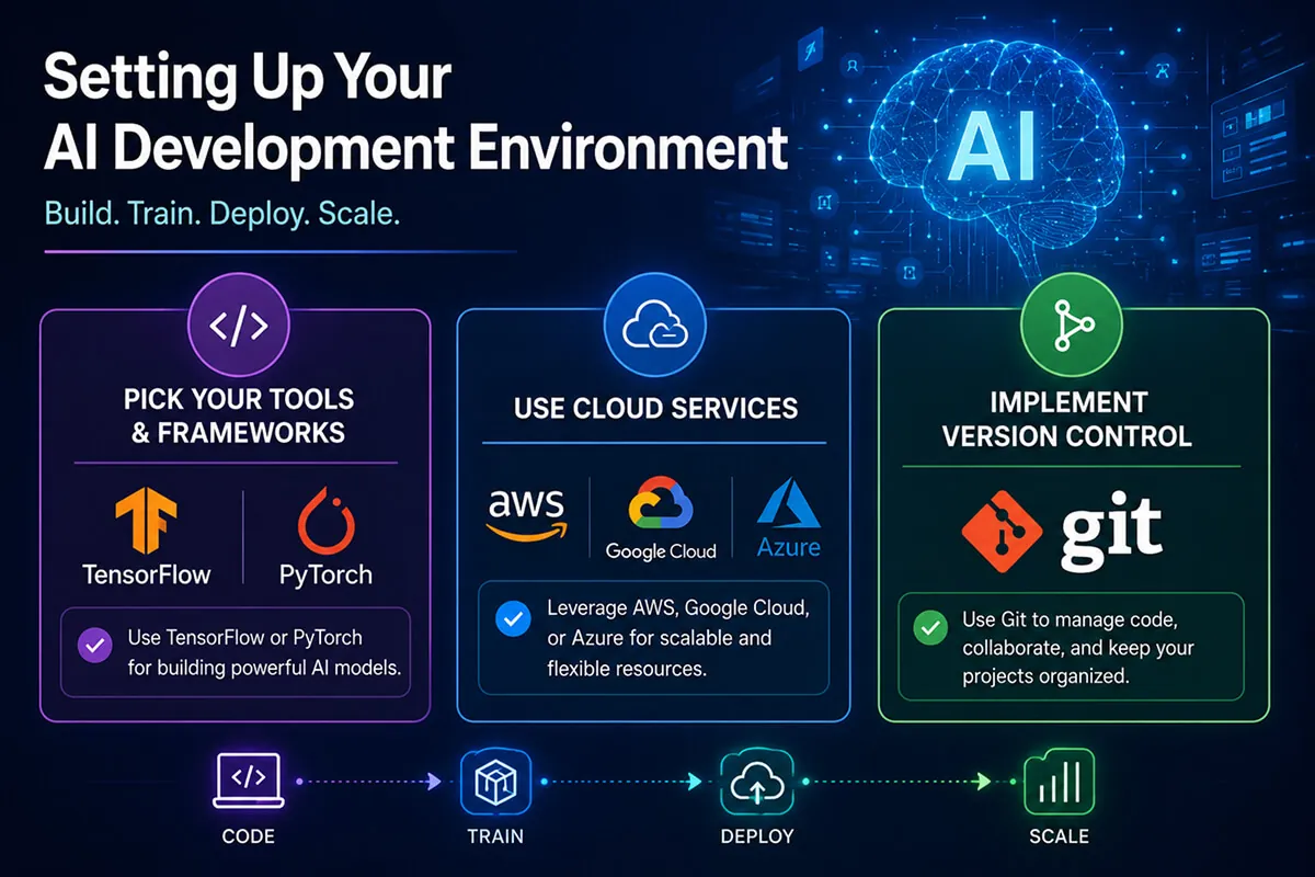 AI development environment setup: TensorFlow and PyTorch, AWS, Google Cloud and Azure, and Git for version control