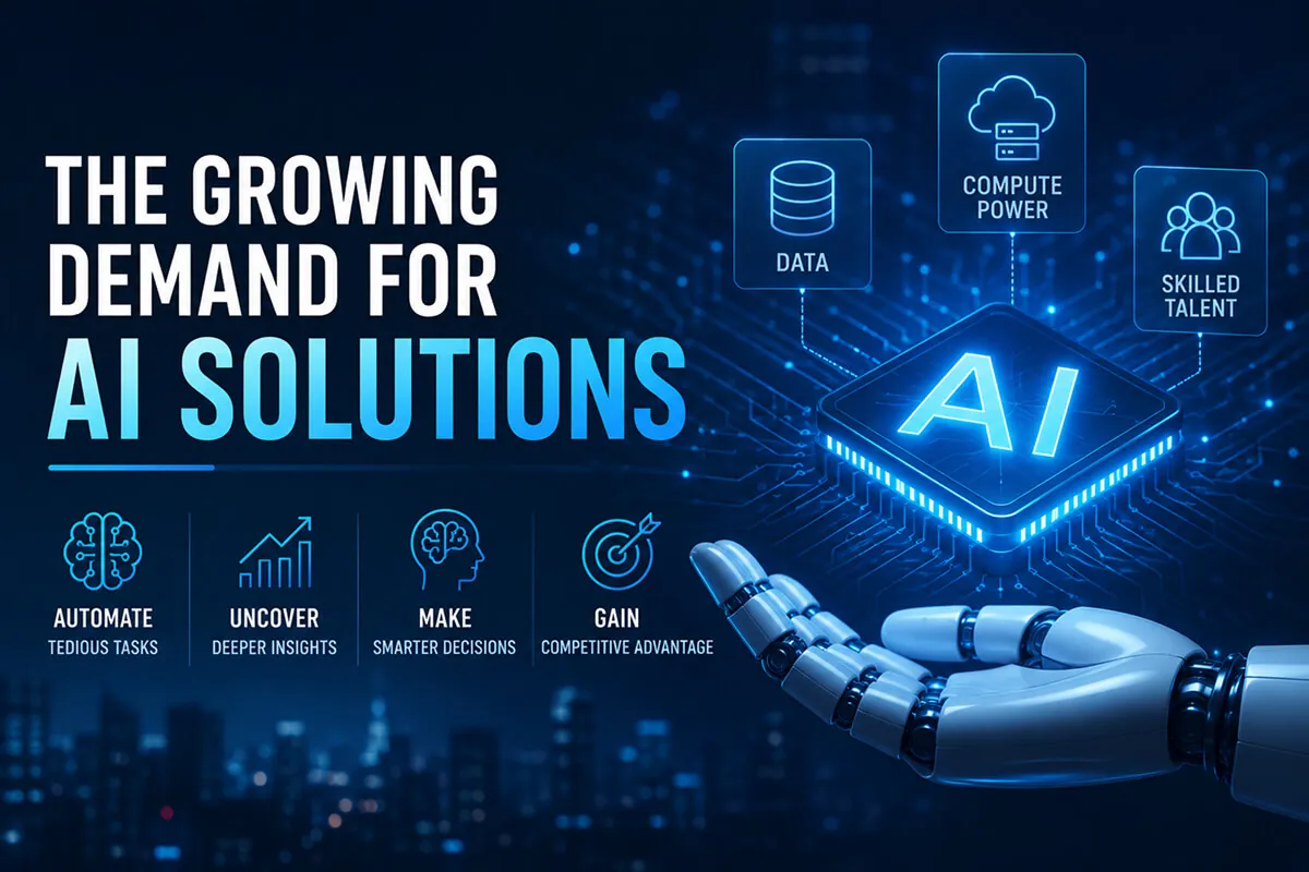 Robotic hand reaching toward an AI chip, with data, compute power and skilled talent shown as the drivers of AI demand