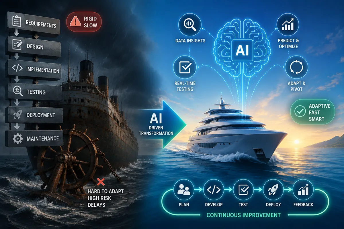 Rigid Waterfall stages shown as a sinking ship beside an AI-driven continuous improvement loop as a modern yacht