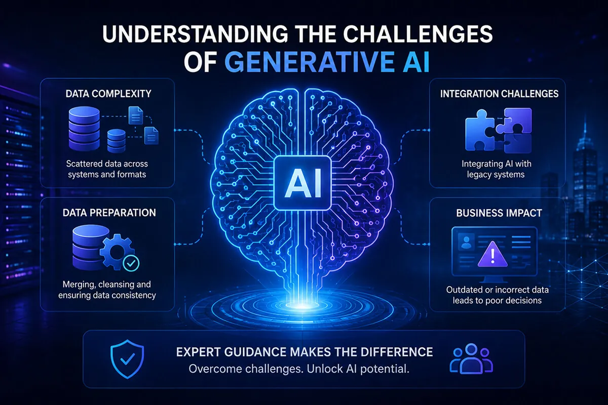 Key generative AI challenges: data complexity, data preparation, integrating with legacy systems, and business impact
