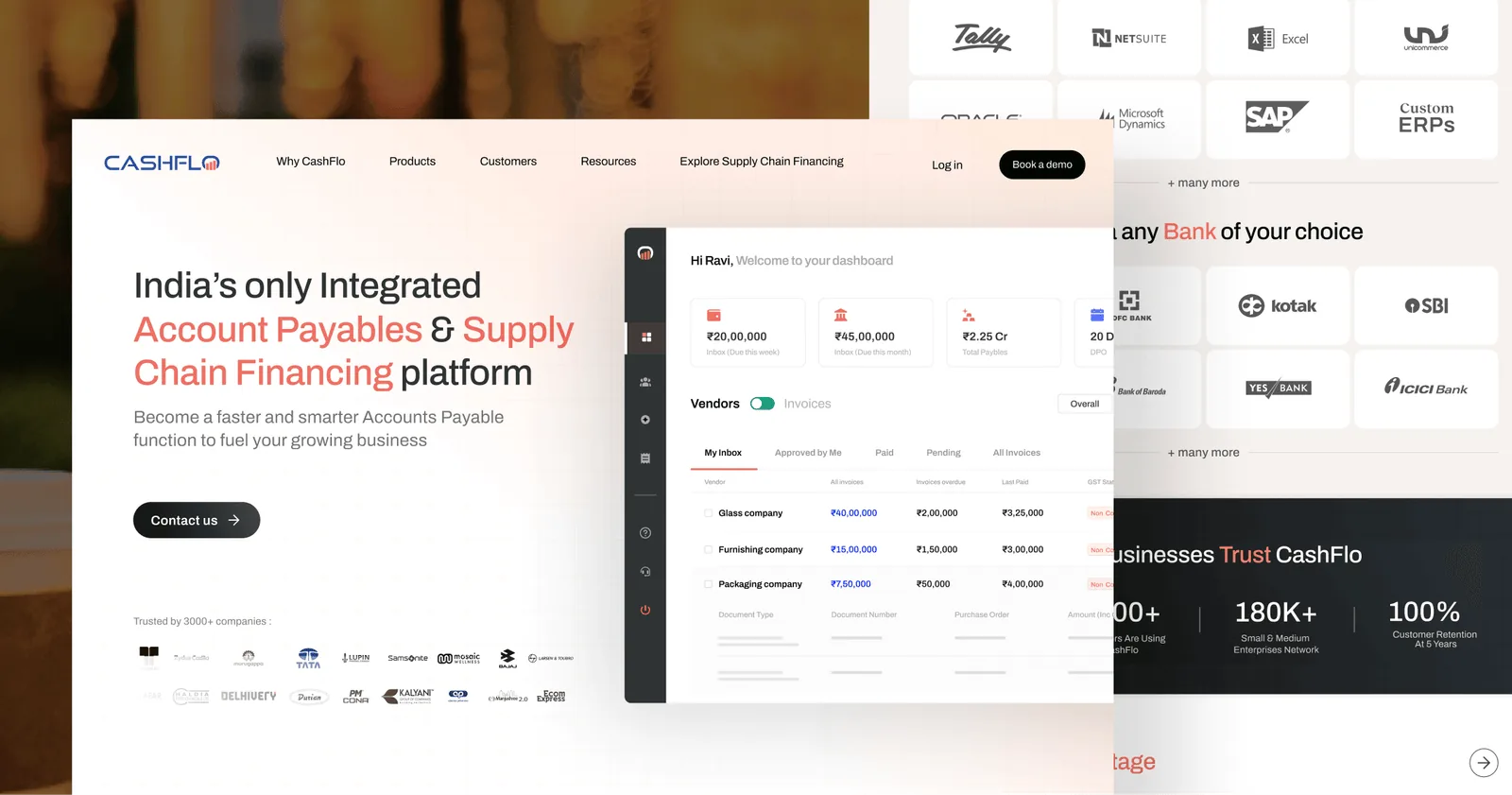 Cashflo supply chain financing platform landing page and payables dashboard