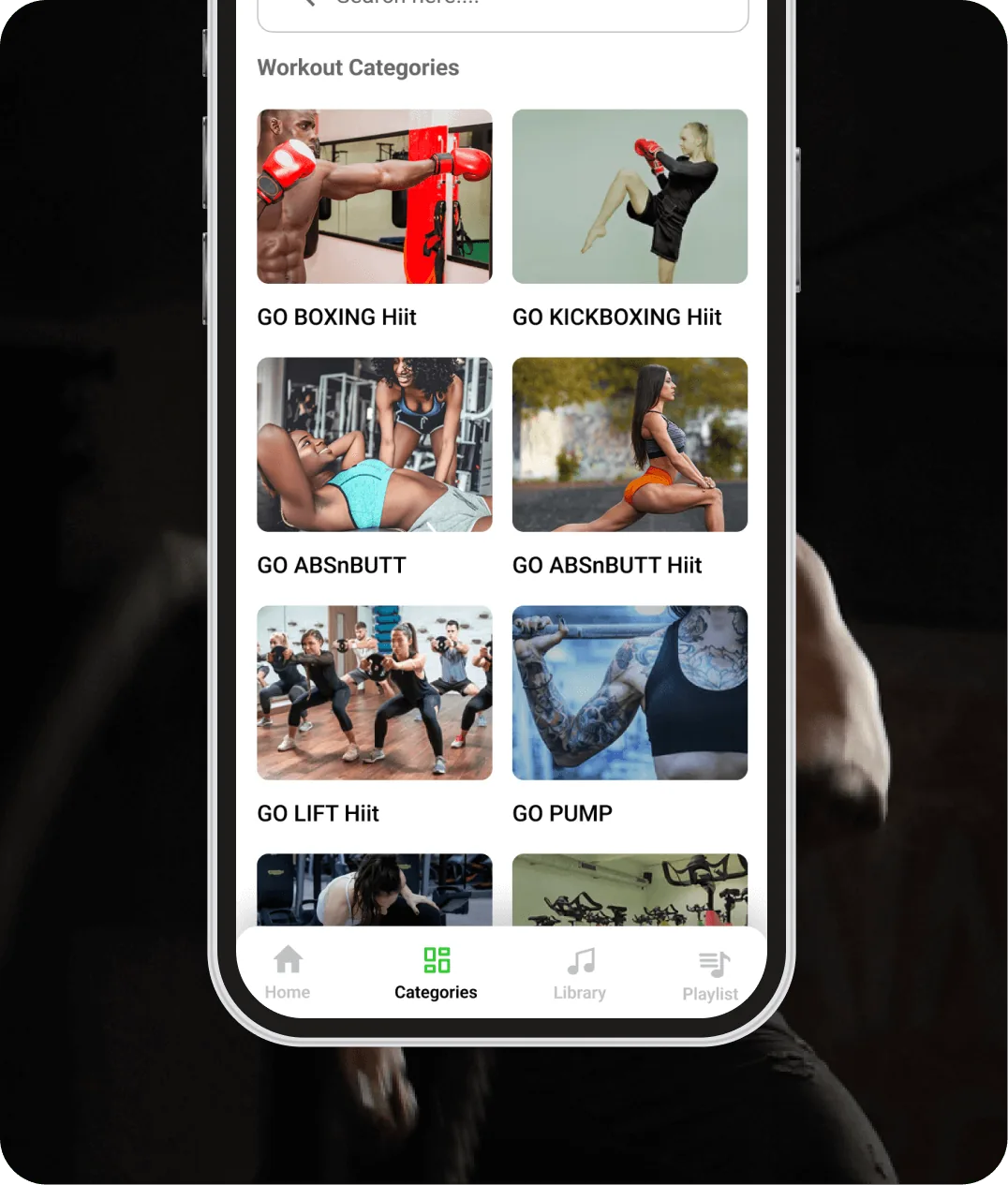 The Go Workout Audios category grid — boxing, kickboxing, abs, lift and pump workouts