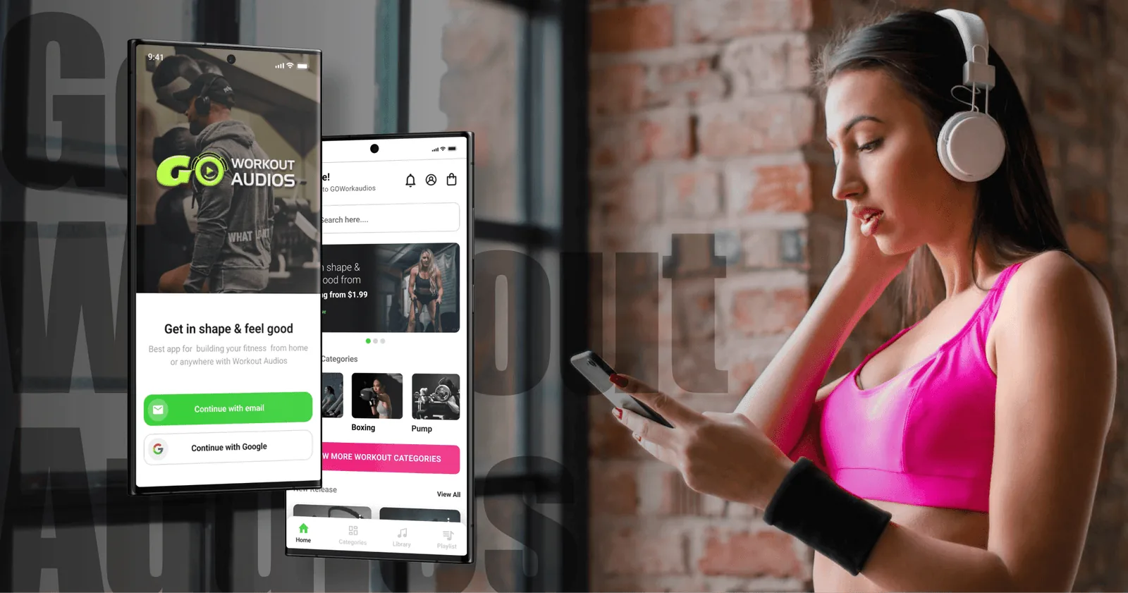 Go Workout Audios app screens beside a person training with headphones