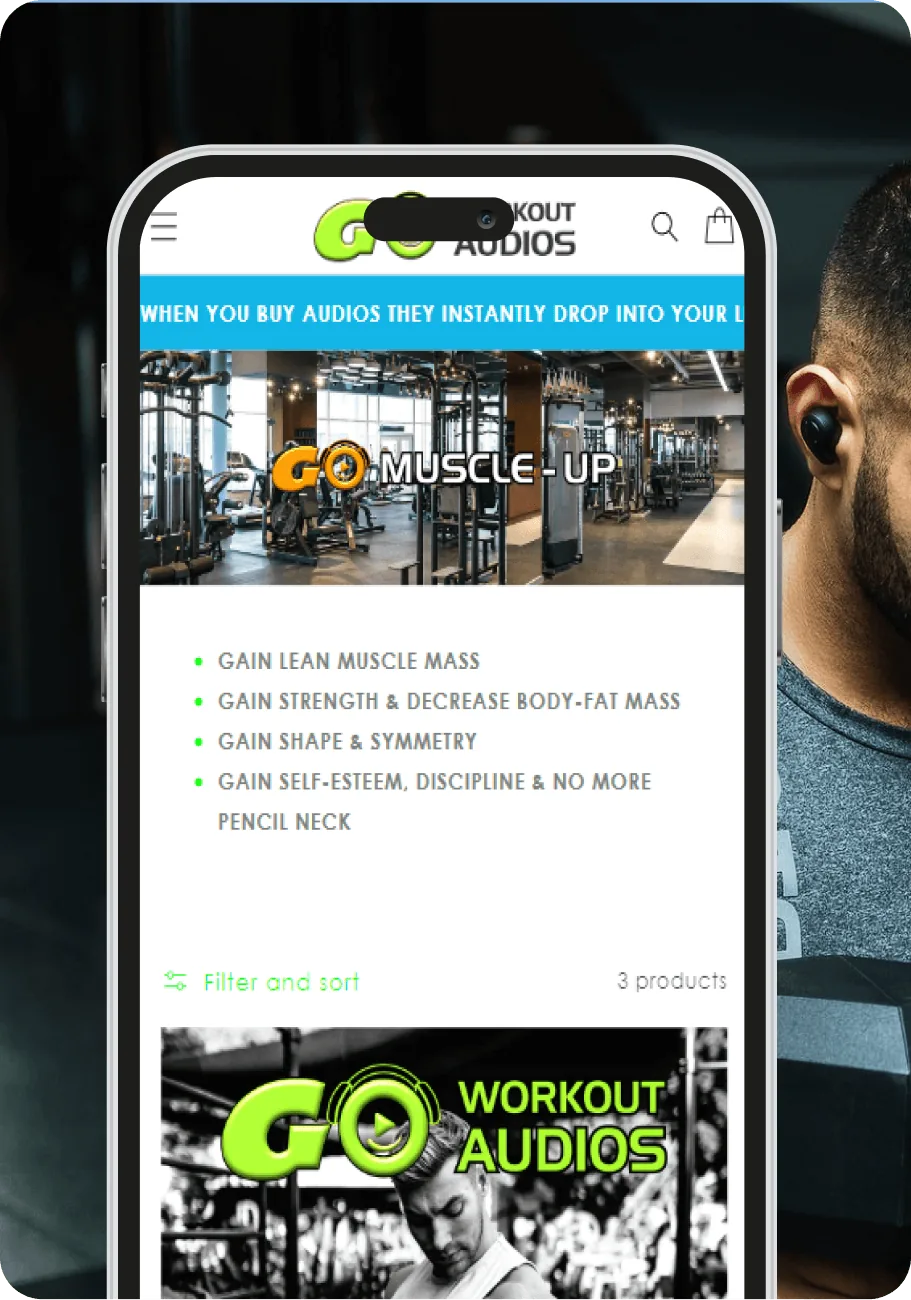 The GO MUSCLE-UP programme screen listing the gains each workout targets