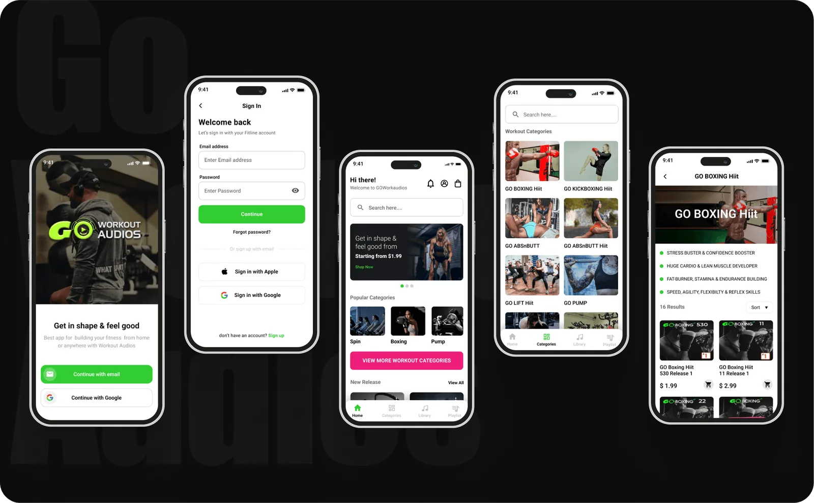 Go Workout Audios onboarding, sign in and workout category screens on a purple backdrop
