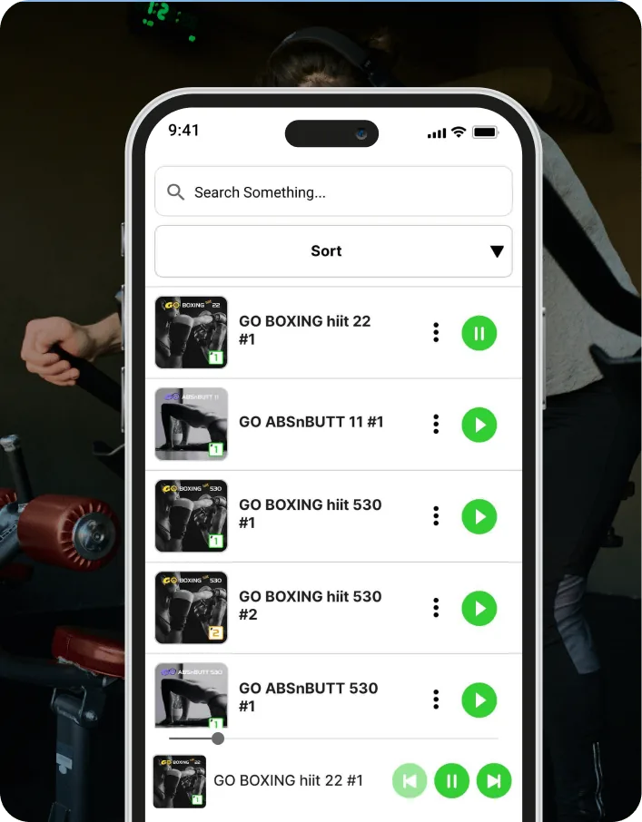 The Go Workout Audios player listing boxing and abs workouts with playback controls