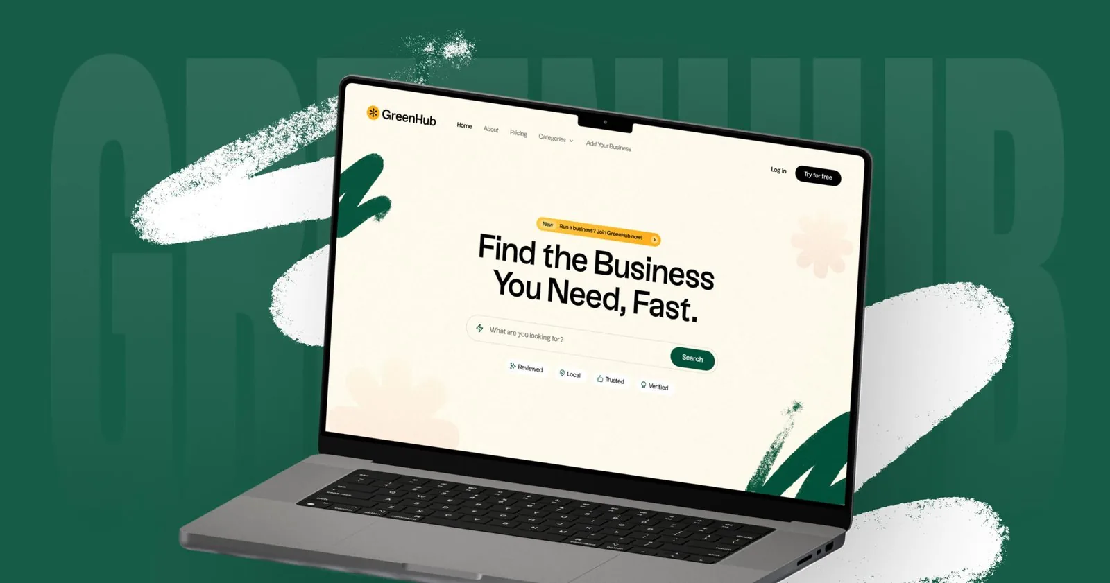 GreenHub business directory homepage with search and trust filters