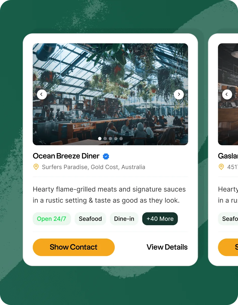 GreenHub business listing cards with category tags and social proof