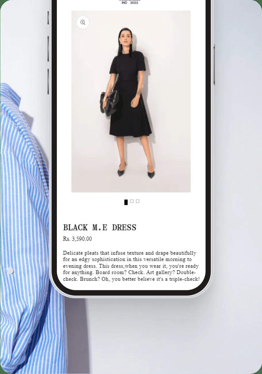 The Black M.E Dress product page on a phone, with price, fabric notes and gallery thumbnails