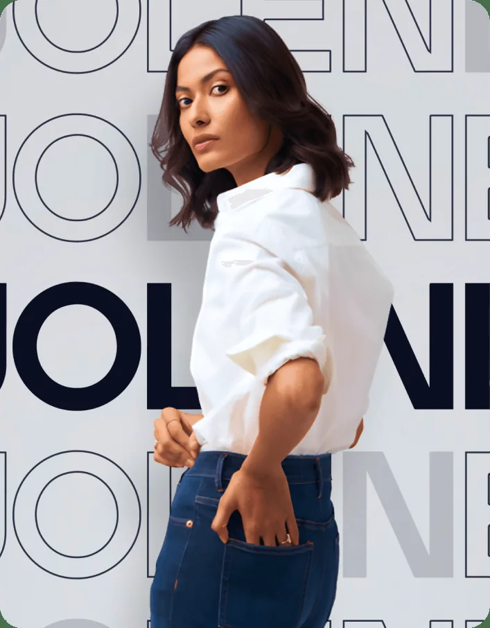 A Jolene campaign portrait, a model in a white shirt against the outlined JOLENE wordmark
