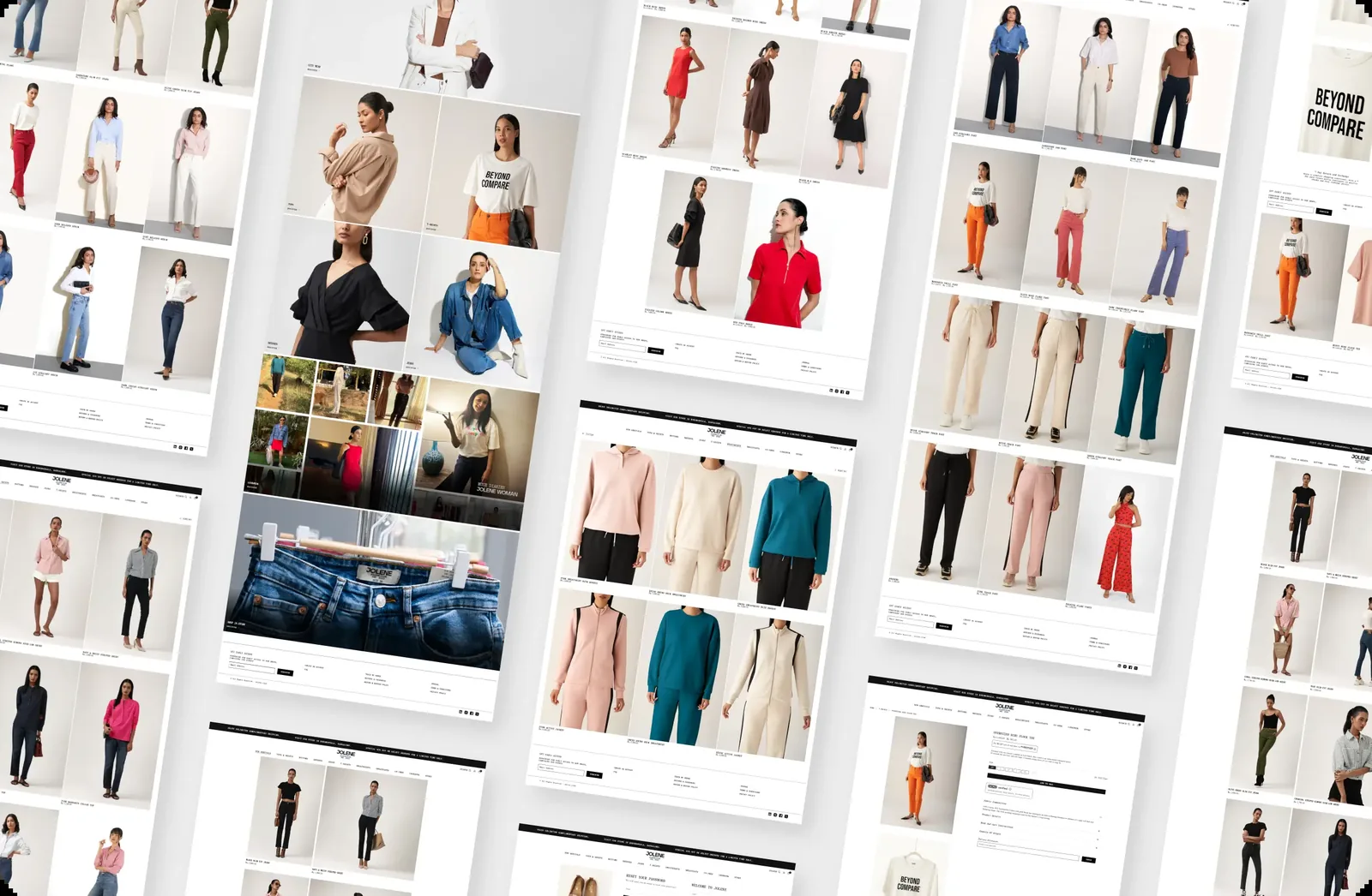Jolene collection and category pages tiled together, covering tops, knitwear, jeans and trousers