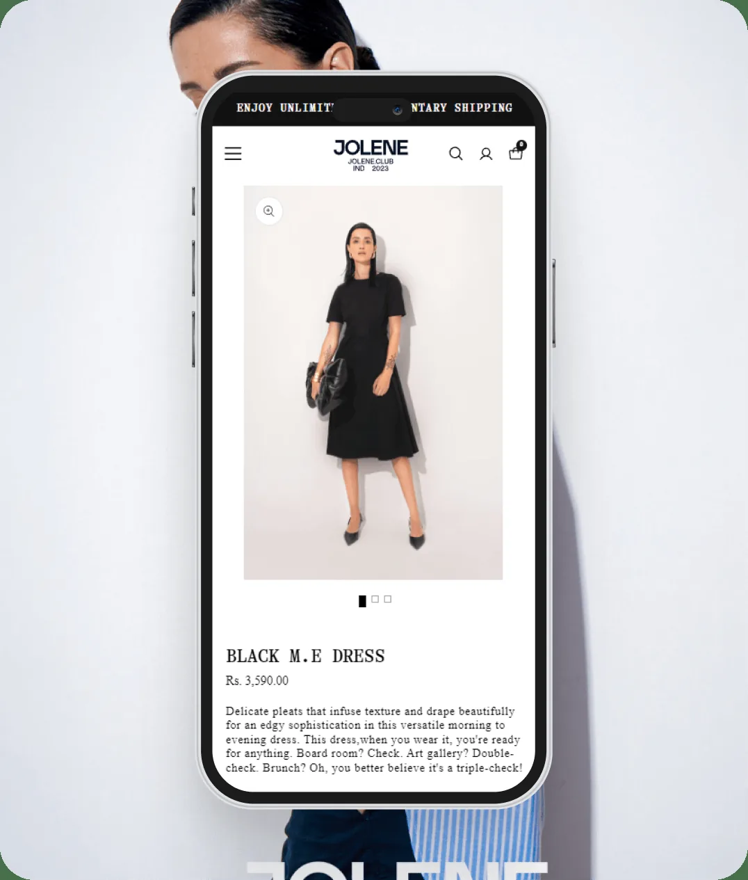 The Jolene store on a phone, showing a black midi dress product page