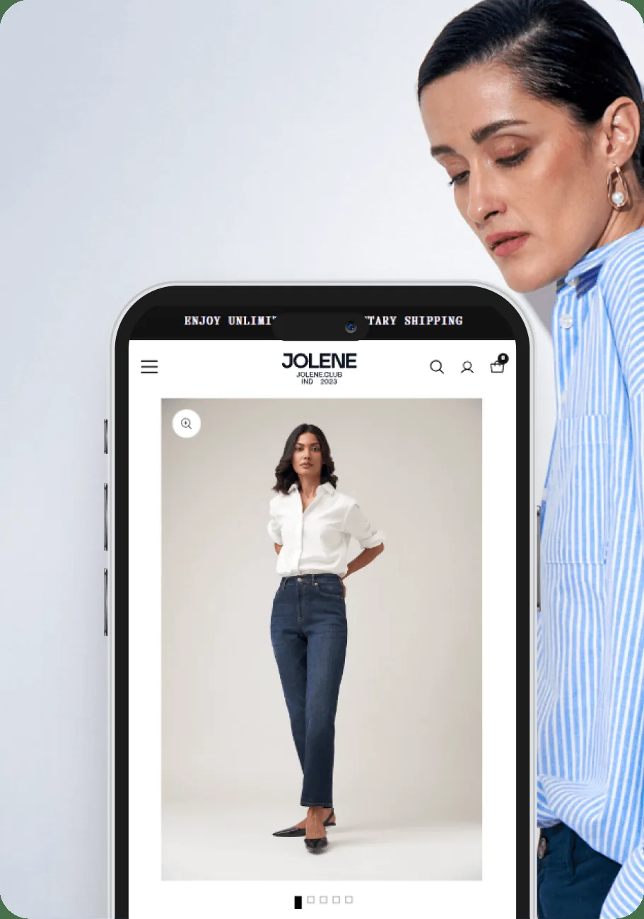 The Jolene homepage on a tablet, with the campaign hero and complimentary shipping banner