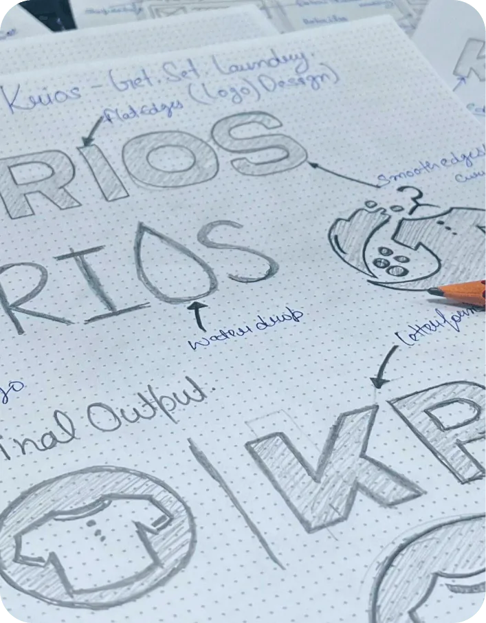 Sketchbook pages exploring the Krios logo and wordmark on dotted paper