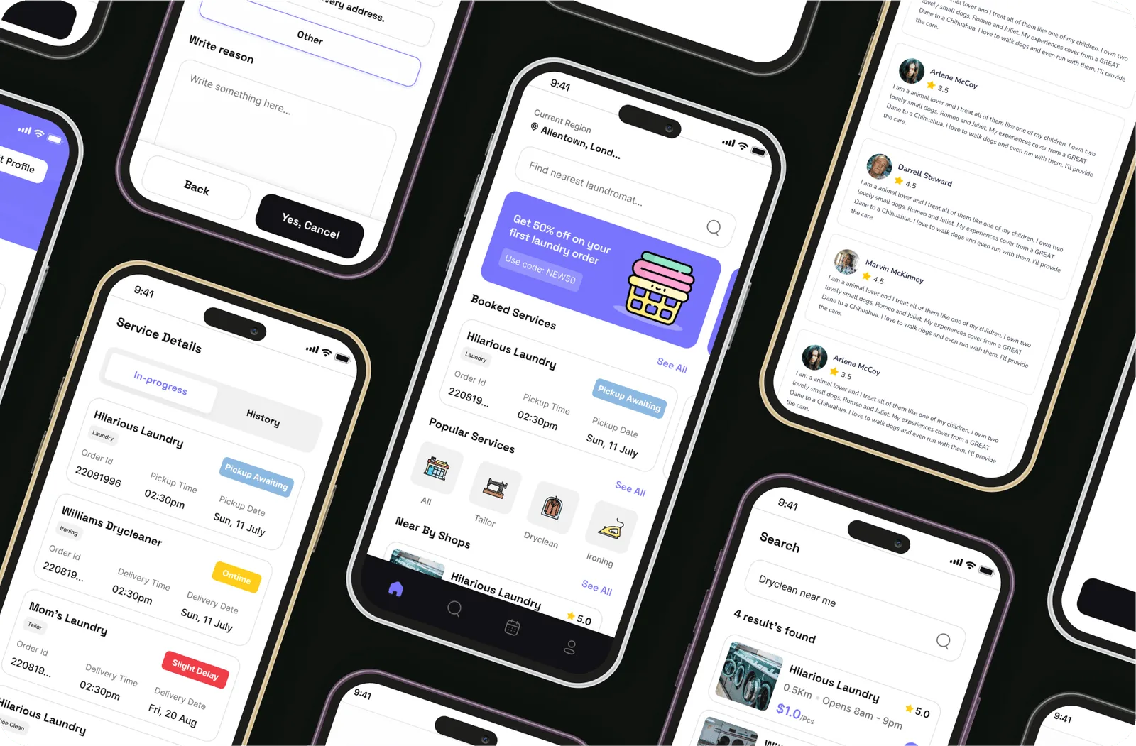 Krios app screens including service details, booked services, nearby laundries and partner reviews