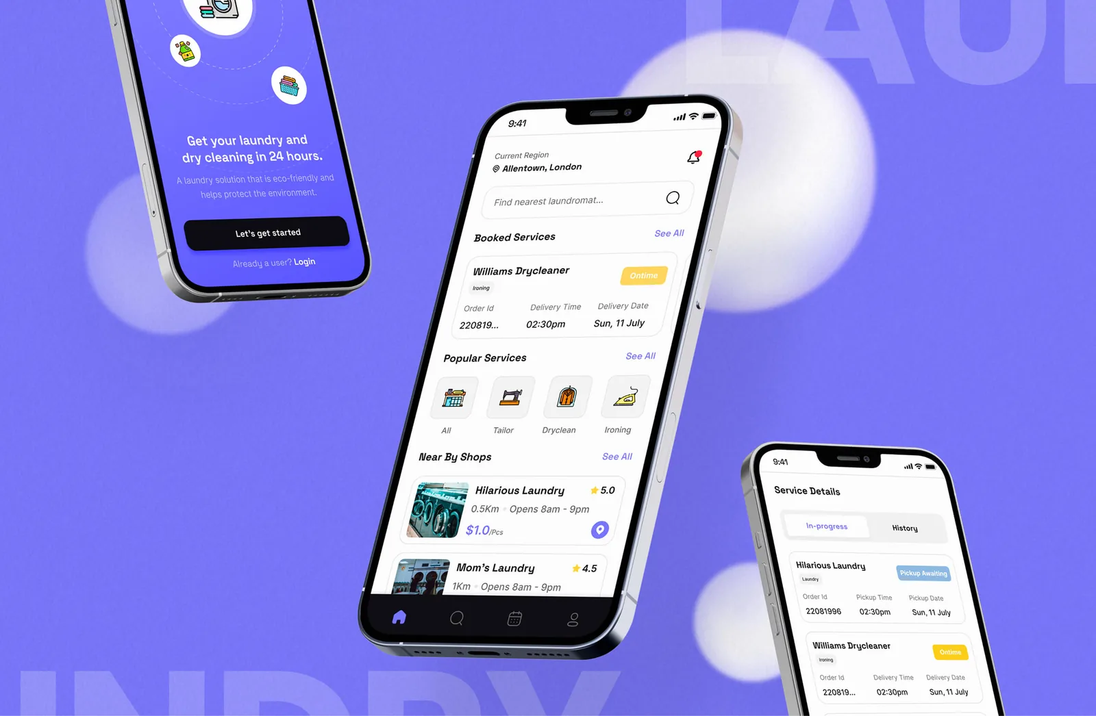 Krios app screens on a purple backdrop, from onboarding through to booked services and order details