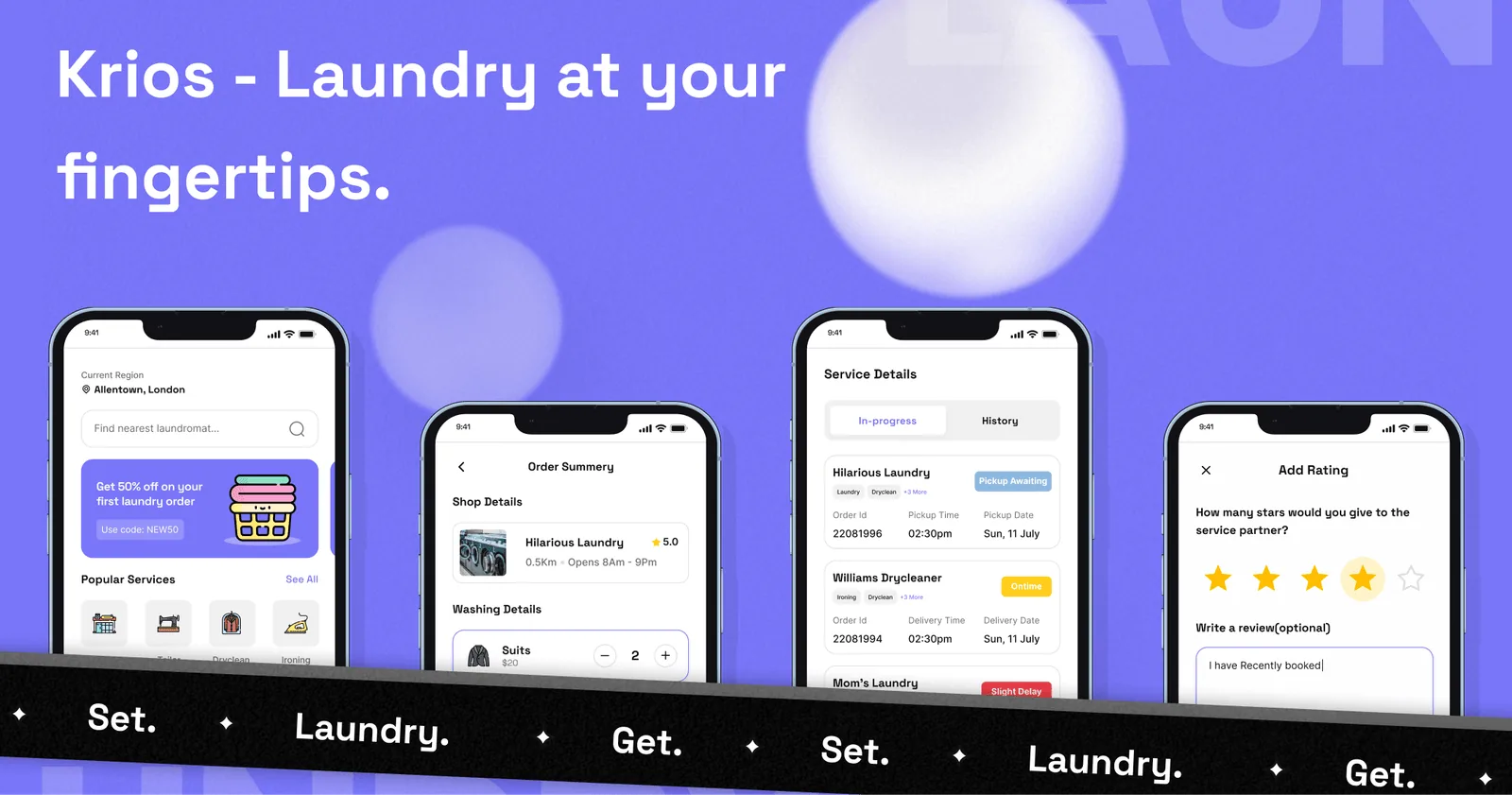 Krios app screens for booking laundry services and tracking orders