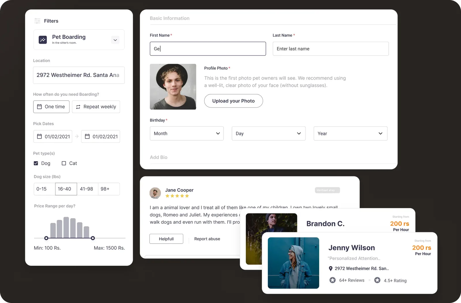 Paltu pet boarding booking and sitter profile screens
