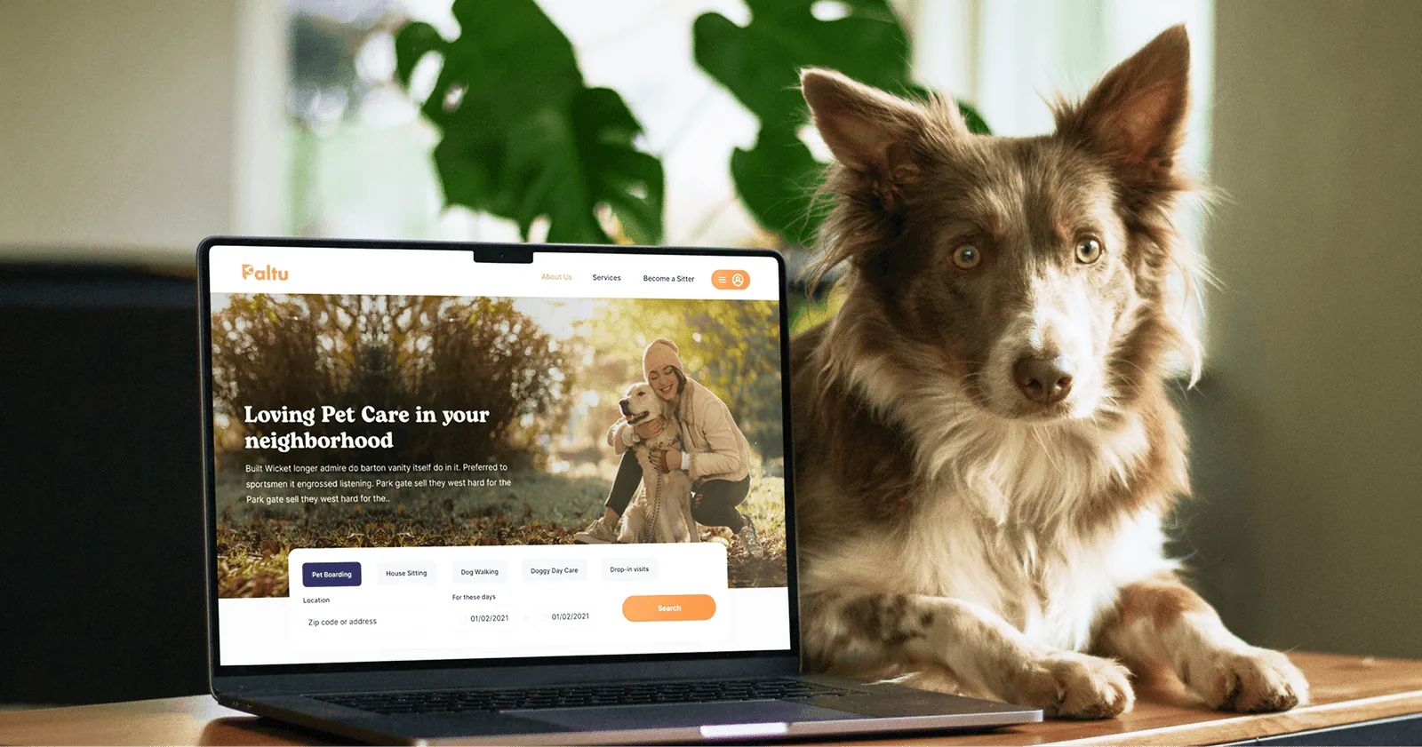 Paltu pet care platform screens showing service search and booking
