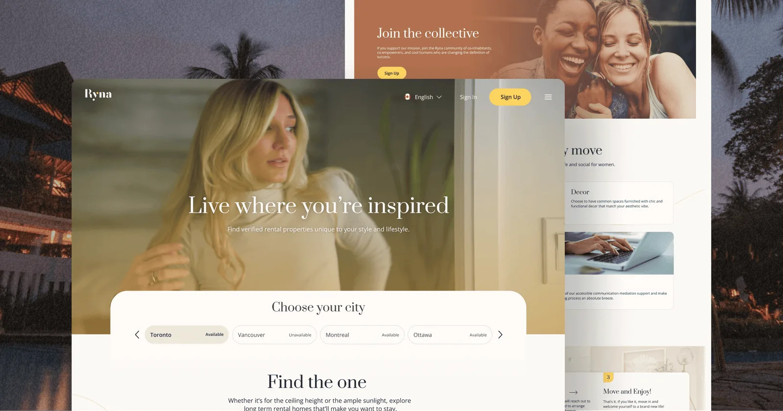 Ryna platform screens, led by a homepage headlined “Live where you’re inspired”