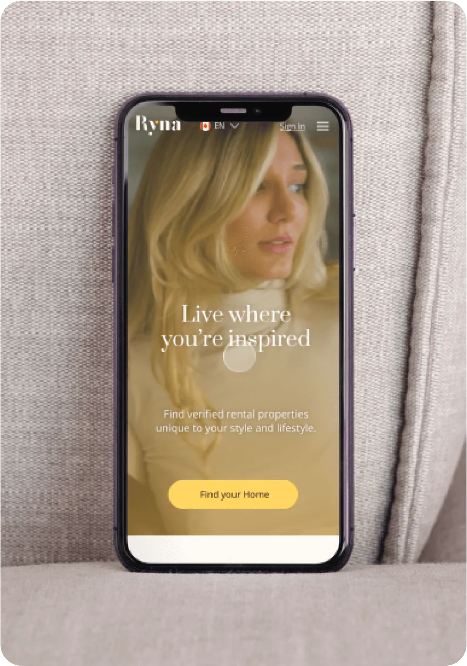 The Ryna mobile home screen on a phone, with a Find your Home call to action