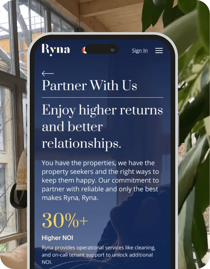 Ryna’s Partner With Us page on a phone, offering property owners higher returns