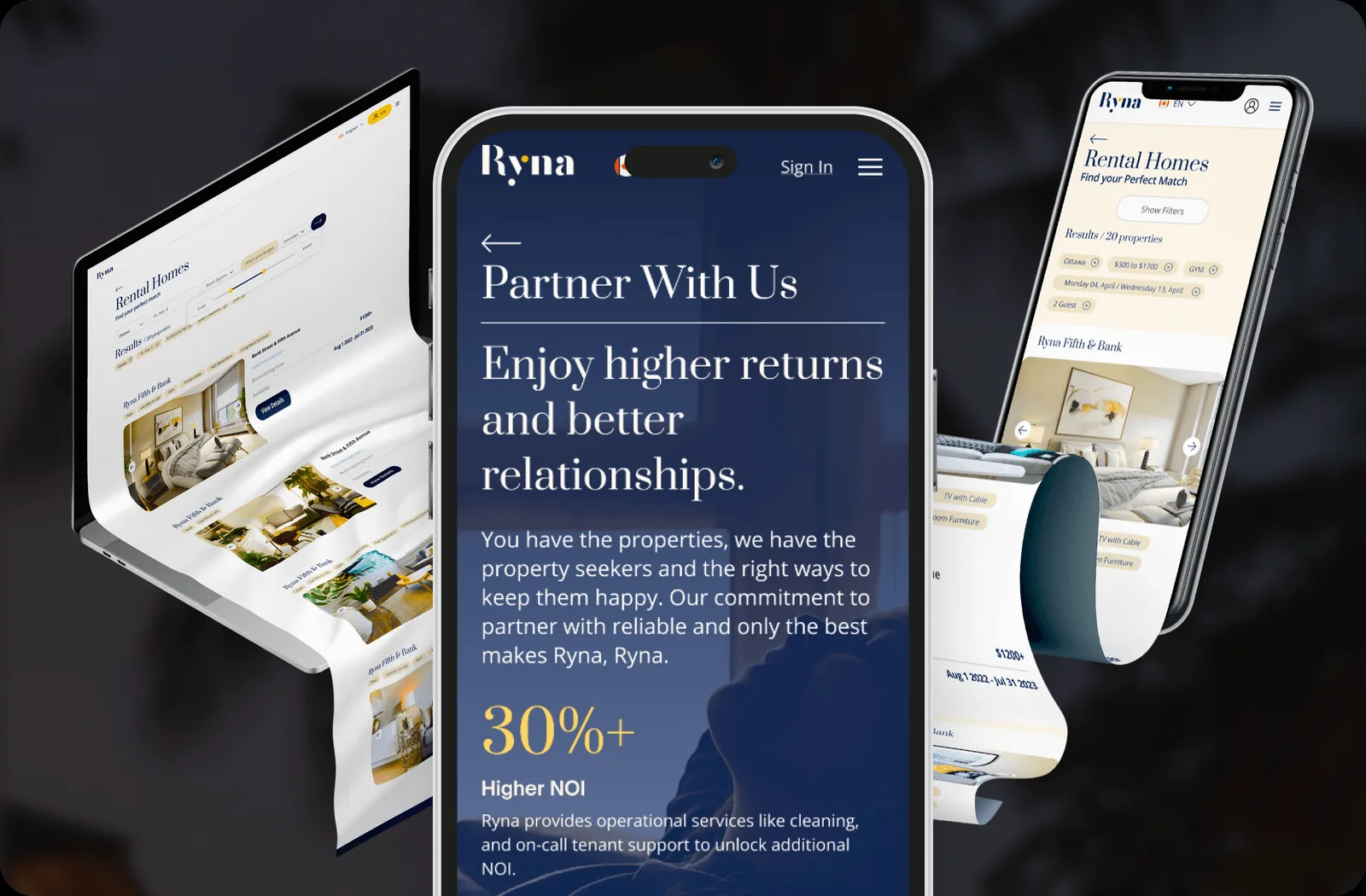 Ryna’s Rental Homes listings and Partner With Us portal across a laptop and two phones