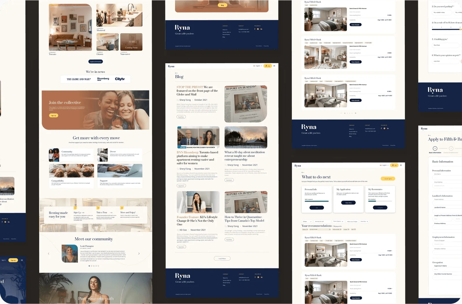 Ryna web and app screens including city listings, the community page, the blog and the application flow