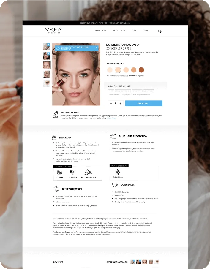 VREA concealer product page showing shade range and ingredient detail