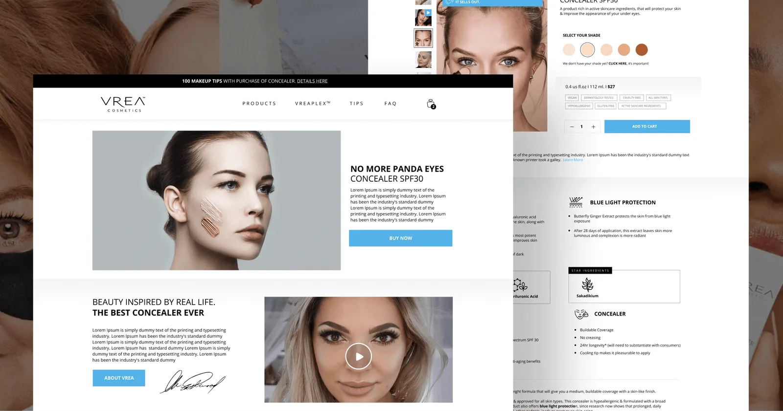 VREA Cosmetics storefront screens led by the concealer product page